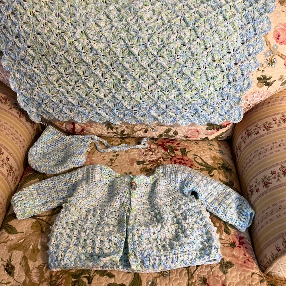 Green and gray Bavarian stitch baby layette